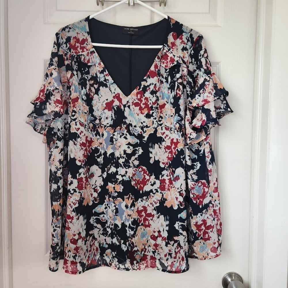 Lane Bryant Womens Plus Size 20 Floral V-Neck Tiered Ruffle Sleeve Blouse 255